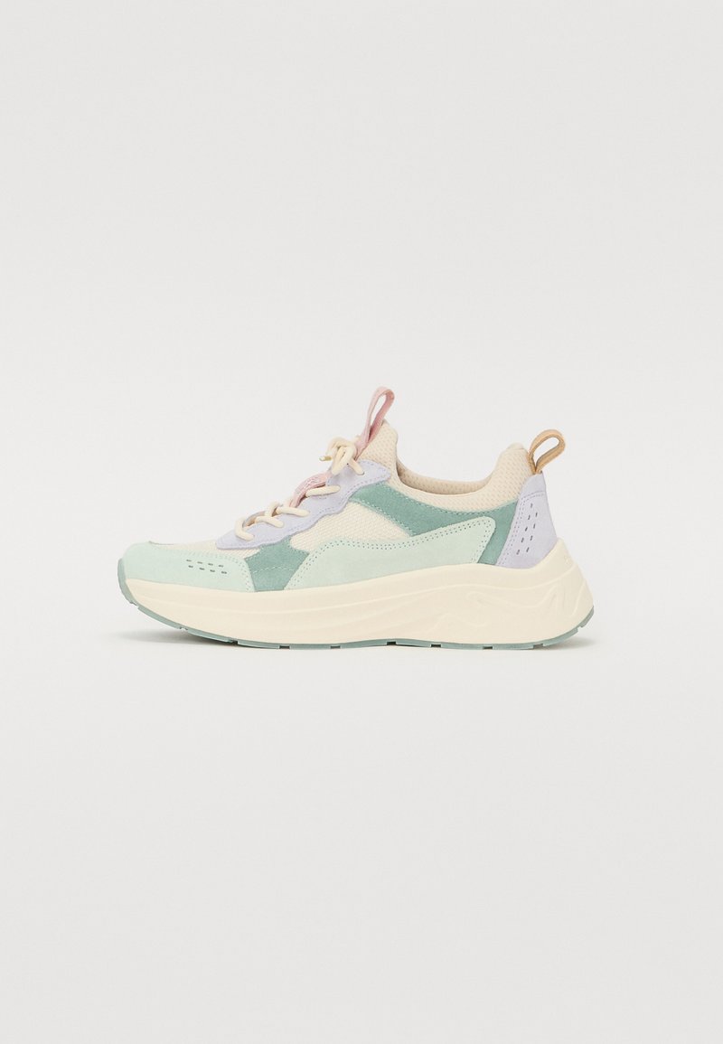 Sneakers with a light green and pastel color scheme, featuring a mix of mesh and suede materials, a chunky sole, and accented laces.