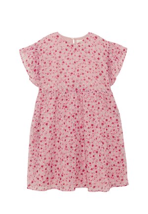 Rosa Kurzarmkleid mit Rüschenärmeln, versehen mit einem kleinen roten und dunkelrosa Blumenmuster und einer gerafften Taille.