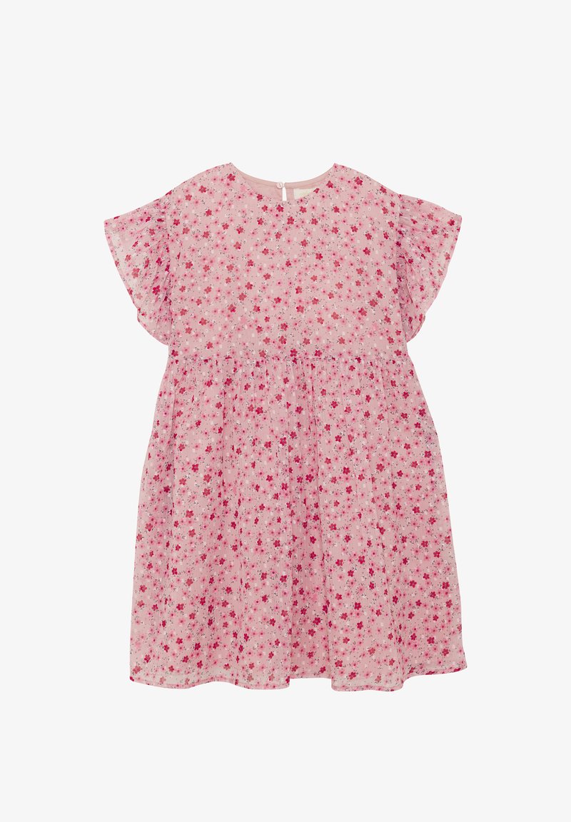 Różowa sukienka z krótkim rękawem zakończonym falbanami, z drobnym czerwono-ciemnoróżowym wzorem kwiatowym i marszczoną talią.