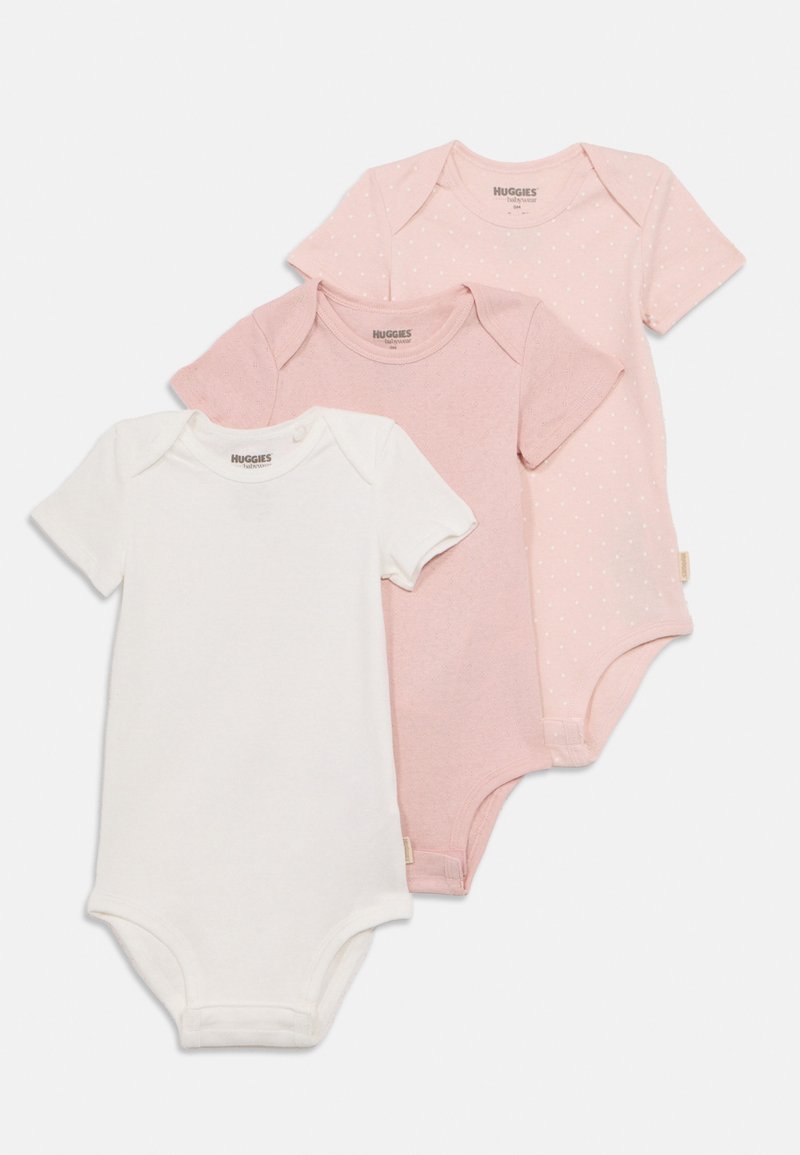 Ensemble de trois bodies pour bébé en coton : un blanc, un rose clair uni, et un rose clair à pois blancs. Manches courtes et fermetures à pression.