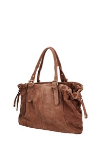 Bruine suède draagtas met goudkleurige hardware, dubbele handvatten en geplooide designdetails aan één zijde. Een gladde textuur met een gestructureerde vorm.