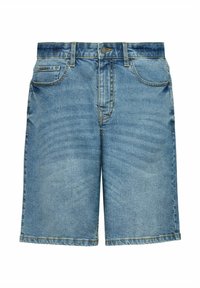 Niebieskie szorty dżinsowe o prostym kroju, z regularnym paskiem i pięcioma kieszeniami. Światły kamień wykończenie z widocznym przeszyciem.
