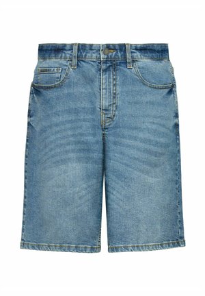 Niebieskie szorty dżinsowe o prostym kroju, z regularnym paskiem i pięcioma kieszeniami. Światły kamień wykończenie z widocznym przeszyciem.