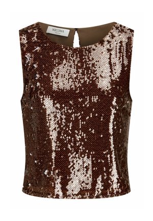 Haut marron sans manches entièrement couvert de sequins rose doré brillants, col rond, petite fermeture goutte d'eau au dos avec bouton à boucle.