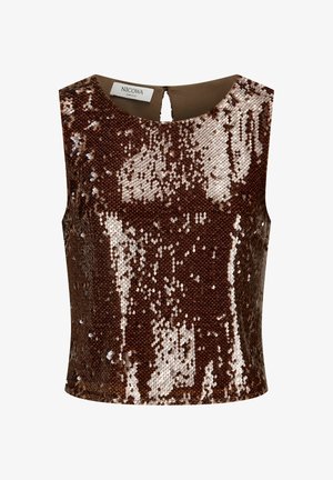 Haut marron sans manches entièrement couvert de sequins rose doré brillants, col rond, petite fermeture goutte d'eau au dos avec bouton à boucle.