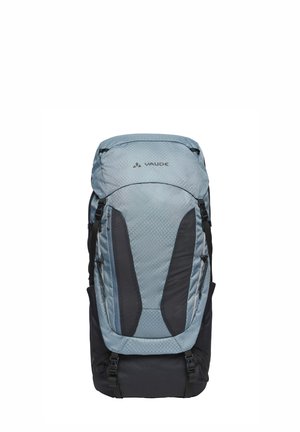 Lichtblauwe en zwarte wandelrugzak met meerdere ritsvakken en verstelbare riemen, met het Vaude-logo op het bovenste gedeelte.
