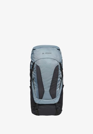 Sac à dos de randonnée bleu clair et noir avec plusieurs compartiments zippés et sangles réglables, marqué Vaude sur la partie supérieure.