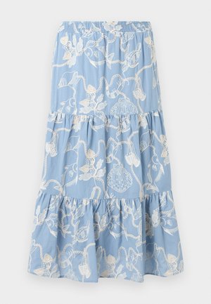 Jupe bleu clair à volants avec broderie blanche sur le thème de la mer, comprenant des coquillages, des poissons et des cordages, taille élastique et couches de tissu froncées.