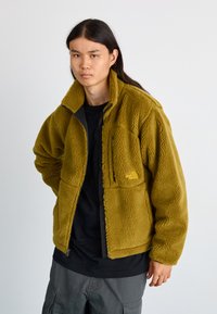 Veste en polaire vert olive avec fermeture éclair, col montant, poches frontales et détail de logo sur la poitrine. Texture douce avec une coupe décontractée.
