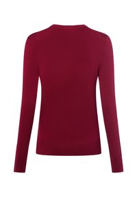 Czerwona, długosleeve sweter z okrągłym dekoltem, prążkowanymi mankietami i dołem. Wykonany z miękkiej dzianiny, charakteryzujący się gładką fakturą i minimalnymi detalami.