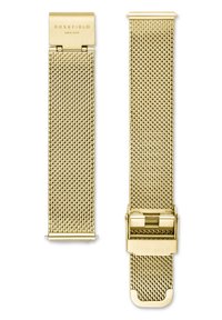 Gouden gaas horlogeband met een gladde metallic afwerking, voorzien van een sluiting met gegraveerde merknaam en naadloos design.