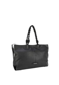 Sac fourre-tout en cuir noir avec des poignées tressées, texture lisse et embleme. Présente une forme structurée avec des détails de couture subtils.