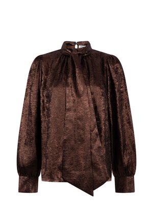 Blouse en velours brun à manches longues avec détail de nœud au col et poignets froncés.