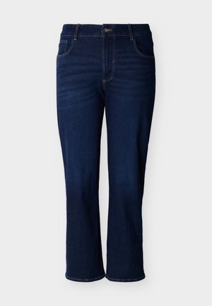 Jean droit en denim bleu foncé avec bouton frontal et poches, présenté sur un fond blanc uni.