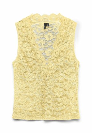 Kollane varrukateta pitsist top lillemustriga ja V-kaelusega, poolläbipaistev kangas, tasapinnaline valgel taustal.