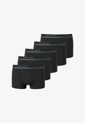 Boxer briefs neri in cotone impilati, con un elastico grigio in vita che presenta il logo "uncover". Texture liscia e design aderente. Set da cinque pezzi.