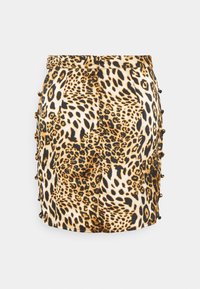 Mini gonna in stampa leopardata caratterizzata da un design aderente, una vita e bottoni decorativi lungo le cuciture laterali. Tessuto dalla texture liscia.