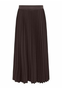 Jupe plissée marron avec une large ceinture élastique. Le tissu a une texture lisse, s'étendant jusqu'à une silhouette pleine longueur.
