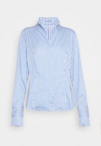 Blouse à manches longues rayée bleu et blanc, dotée d'un col mandarin et de manches avec poignets, confectionnée dans un tissu lisse et léger.