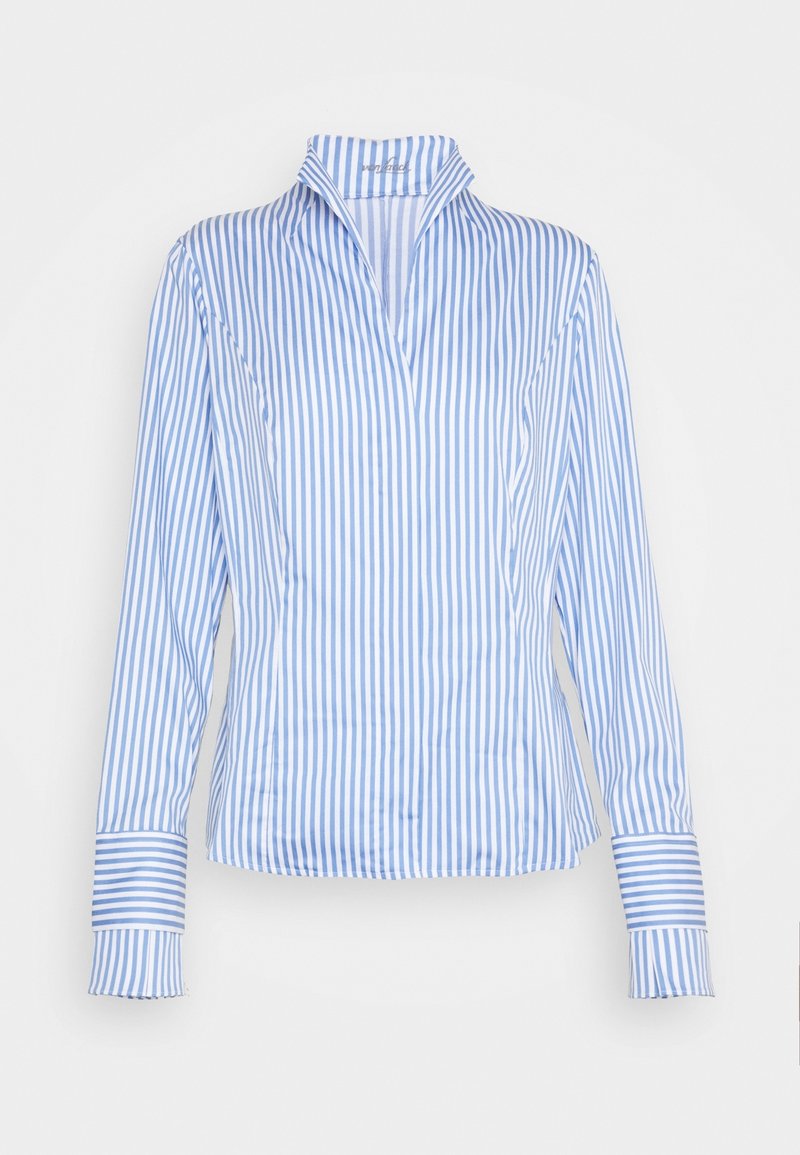 Blouse à manches longues rayée bleu et blanc, dotée d'un col mandarin et de manches avec poignets, confectionnée dans un tissu lisse et léger.