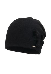 Berretto di lana nera con design slouchy, piccoli pom pon in pelliccia sintetica e sottili decorazioni con un'etichetta metallica accento.