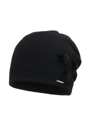 Black knit beanie hat featuring a slouchy design, small faux fur pom-poms, and subtle embellishments with a metallic accent tag.