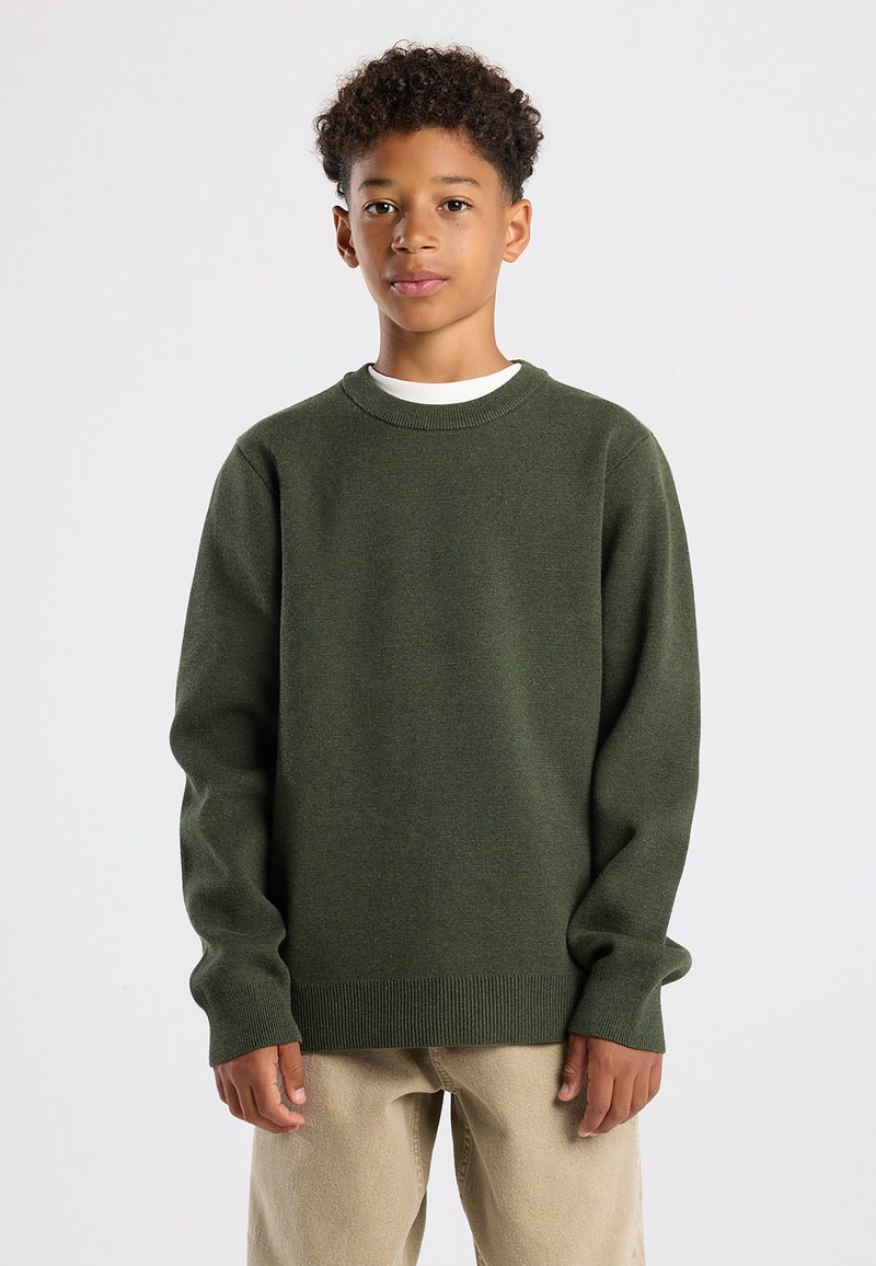 Maglione verde a maglia con collo rotondo, polsini e orlo a coste, indossato sopra una camicia bianca, abbinato a pantaloni beige chiaro. Tessuto liscio.