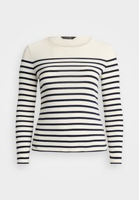 Maglietta a maniche lunghe di colore crema con righe orizzontali blu navy e scollatura rotonda, presentata su uno sfondo bianco.