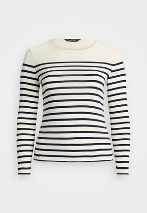 Púlpito de manga longa em creme com riscas horizontais em azul marinho e um decote redondo, apresentado contra um fundo branco.