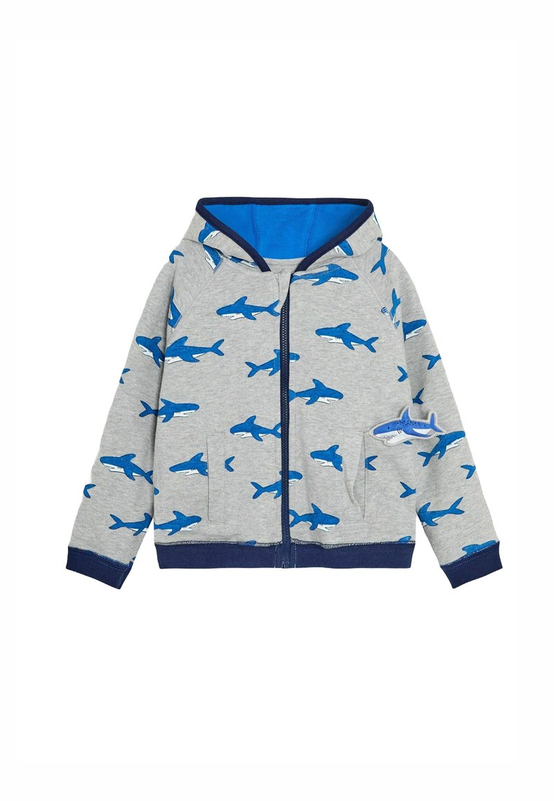 Grijze zip-up hoodie met een blauw haaienpatroon, blauwe binnenvoering en donkerblauwe boorden. Functionele zakken aan elke zijde.