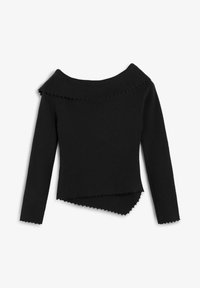 Top negro de hombros descubiertos con mangas largas, con bordes en forma de ondas y un dobladillo asimétrico, hecho de un material de punto suave.