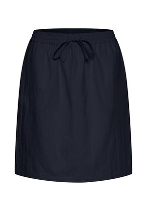 Námornícky modrá sukňa s elastickým pásom a šnúrkou. Hladká textúra, tvar do A, končí nad kolenami bez ďalších vzorov.