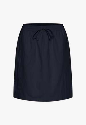 Sötétkék szoknya rugalmas derékpánttal és húzózsinórral. Sima textúra, A-vonalú forma, térd fölé ér, további minták nélkül.