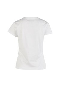 White cotton t-shirt with short sleeves, a rounded neckline, and a fitted shape. Features a subtle logo detail near the upper back.