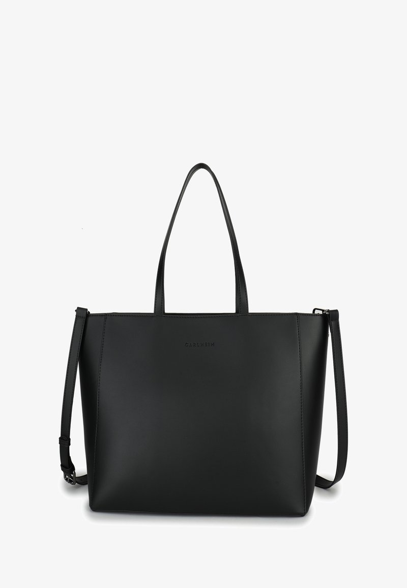Sac fourre-tout rectangulaire noir avec deux petites poignées et une longue bandoulière réglable sur fond blanc.
