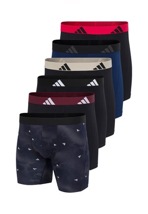 Seks par herre boxershorts i forskellige farver, inklusive marineblå med mønstre, sort, beige, blå og sort med røde linninger, stablet lodret.