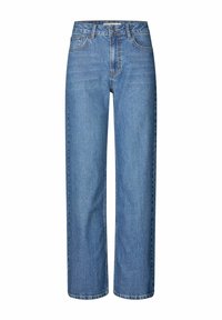 Modre široke jeans hlače iz denima imajo visok pas, klasično pet-džepno zasnovo in vidno šivanje z rahlo zbledelim zaključkom.