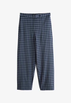 Rutede bukser i marineblå og lyseblå med flad front, knaplukning og vidde ben. Fremstillet af et glat stof.
