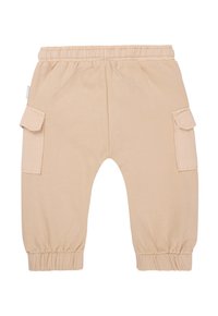 Beige katoenen broek met elastische tailleband, taps toelopende pijpen en twee zijzakken. Gelaagde stof met een subtiele glans.