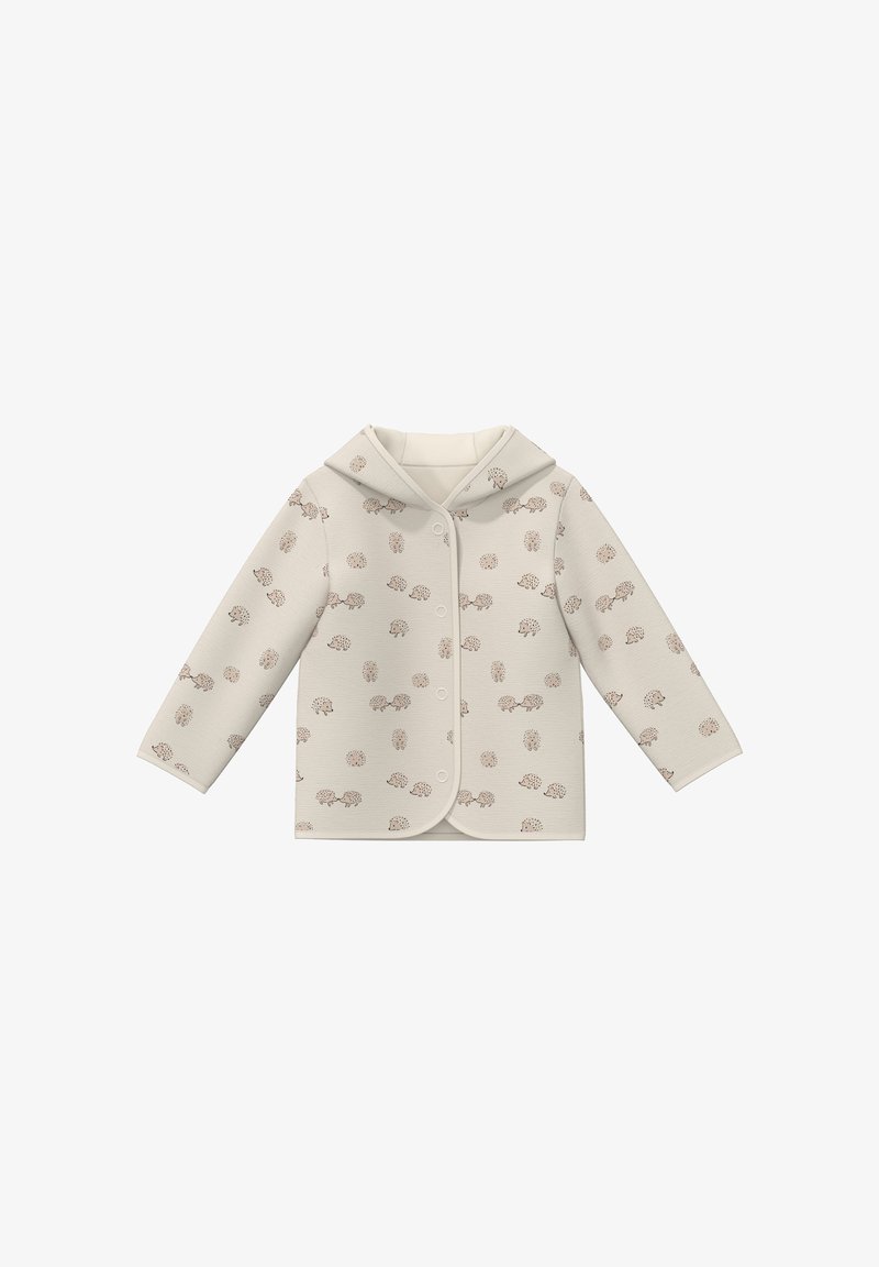 Cremefarbener Mantel mit Kapuze, der ein Igelmuster in Hellbraun aufweist, mit Druckknöpfen und langen Ärmeln. Weicher, strukturierter Stoff.