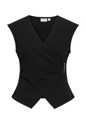 Haut cache-cœur noir sans manches avec col en V et détail d'épingle dorée sur le côté, avec un ourlet légèrement asymétrique.