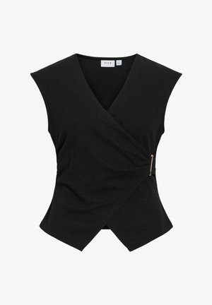 Must ilma varrukateta mähistop V-kaelusega ja kuldse nõelaga küljele, millel on veidi asümmeetriline äärejoon.