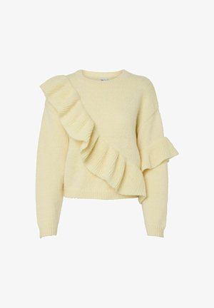 Żółty sweter dziergany z falbankami po lewej stronie, z okrągłym dekoltem, długimi rękawami i krótkim krojem. Teksturowana tkanina.