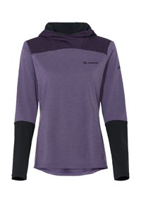 Maglia a maniche lunghe con cappuccio, corpo viola, spalle viola scuro e maniche nere. Realizzata in tessuto leggero con una texture liscia.