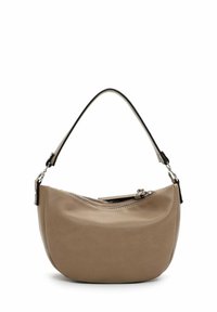 Borsa a spalla in pelle beige con forma curva, chiusura superiore con zip e una maniglia nera a contrasto. Superficie liscia e texturizzata.