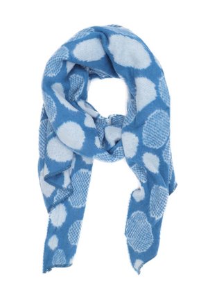 Sciarpa blu realizzata in morbido tessuto, con un motivo di grandi cerchi bianchi e accenti testurizzati. I bordi sono rifiniti con una sottile cucitura.
