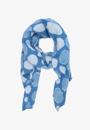 Sciarpa blu realizzata in morbido tessuto, con un motivo di grandi cerchi bianchi e accenti testurizzati. I bordi sono rifiniti con una sottile cucitura.
