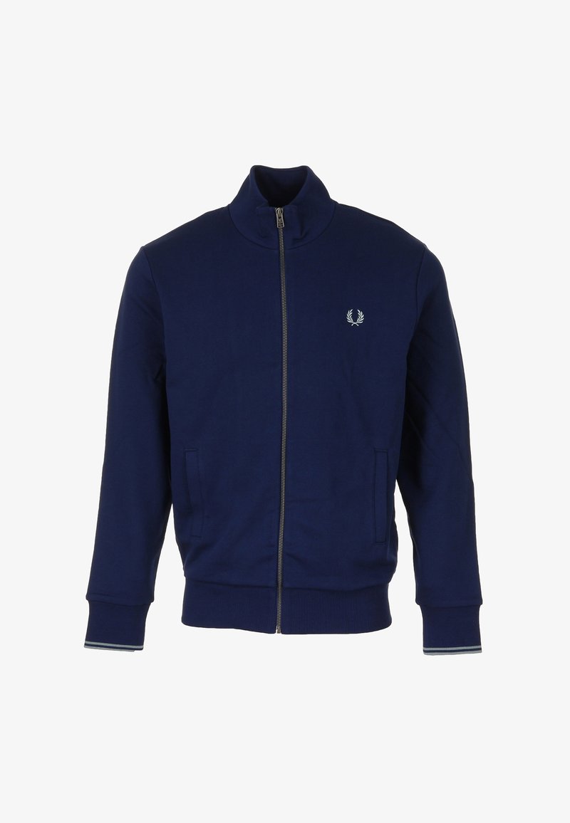 Giacca con cerniera blu navy con colletto alto, tasche laterali, polsini a costine e sottili accenti a righe sui polsini. Presenta un piccolo logo.