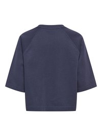 Sweat-shirt bleu foncé à manches courtes avec coutures raglan et col rond côtelé, présenté de dos sur un fond blanc.
