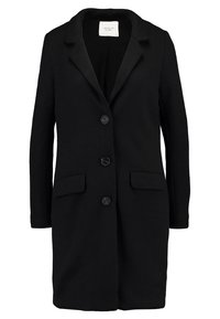 Cappotto nero in misto lana con rever a pistagna, tre bottoni, due tasche frontali e un tessuto texture, che offre una silhouette snella.
